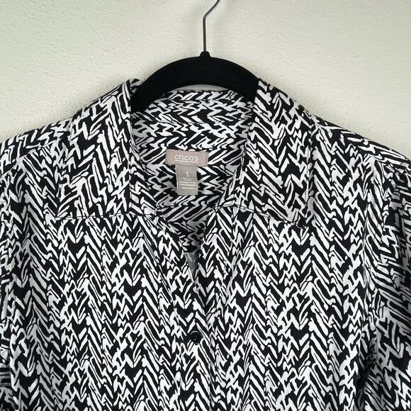 Chico's Size 1 US  Small Button Up Black Brown White Print Top Long Sleeve - Picture 2 of 6